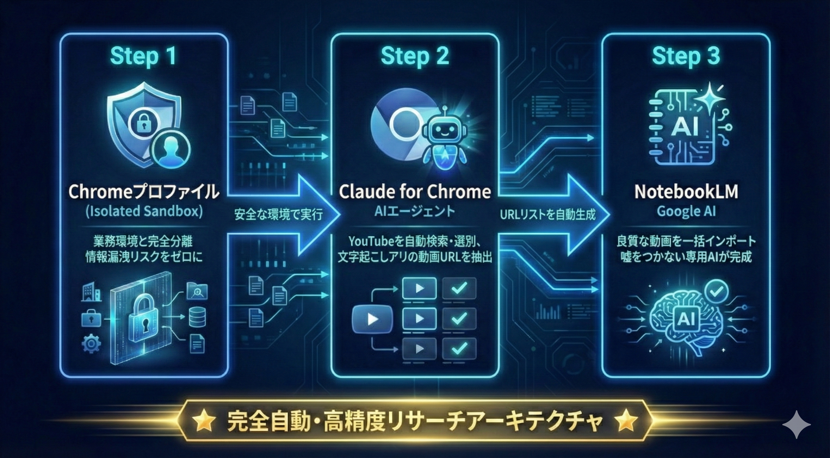 NotebookLM、Claude for Chrome、Chromeプロファイルが連携する図解